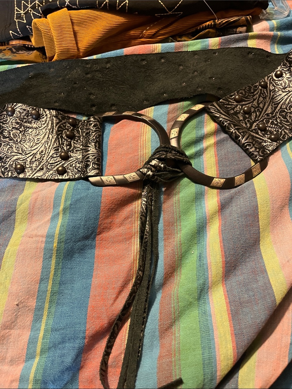 R Cinco Ranch Black Embossed Leather Waist Belt with Decorative Rings